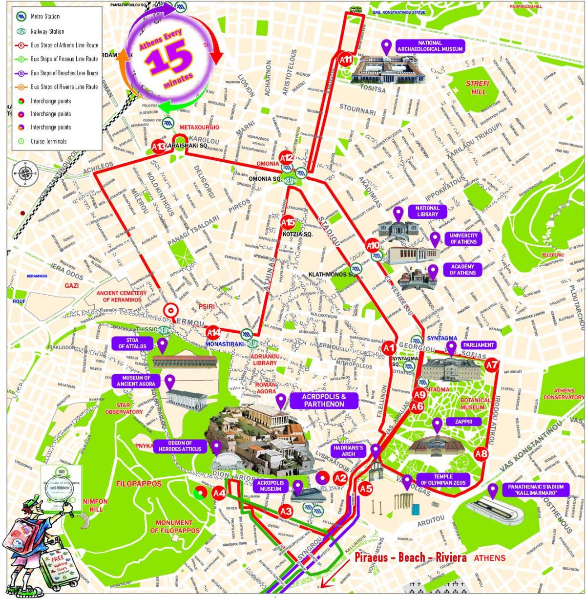 Carte des circuits pédestres d'Athènes